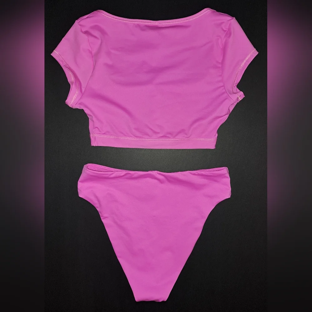 ❤️SKIMS Cropped T-shirt Top Mid Waist Bottoms Bikini Swimsuit Pink NEON ORCHID S